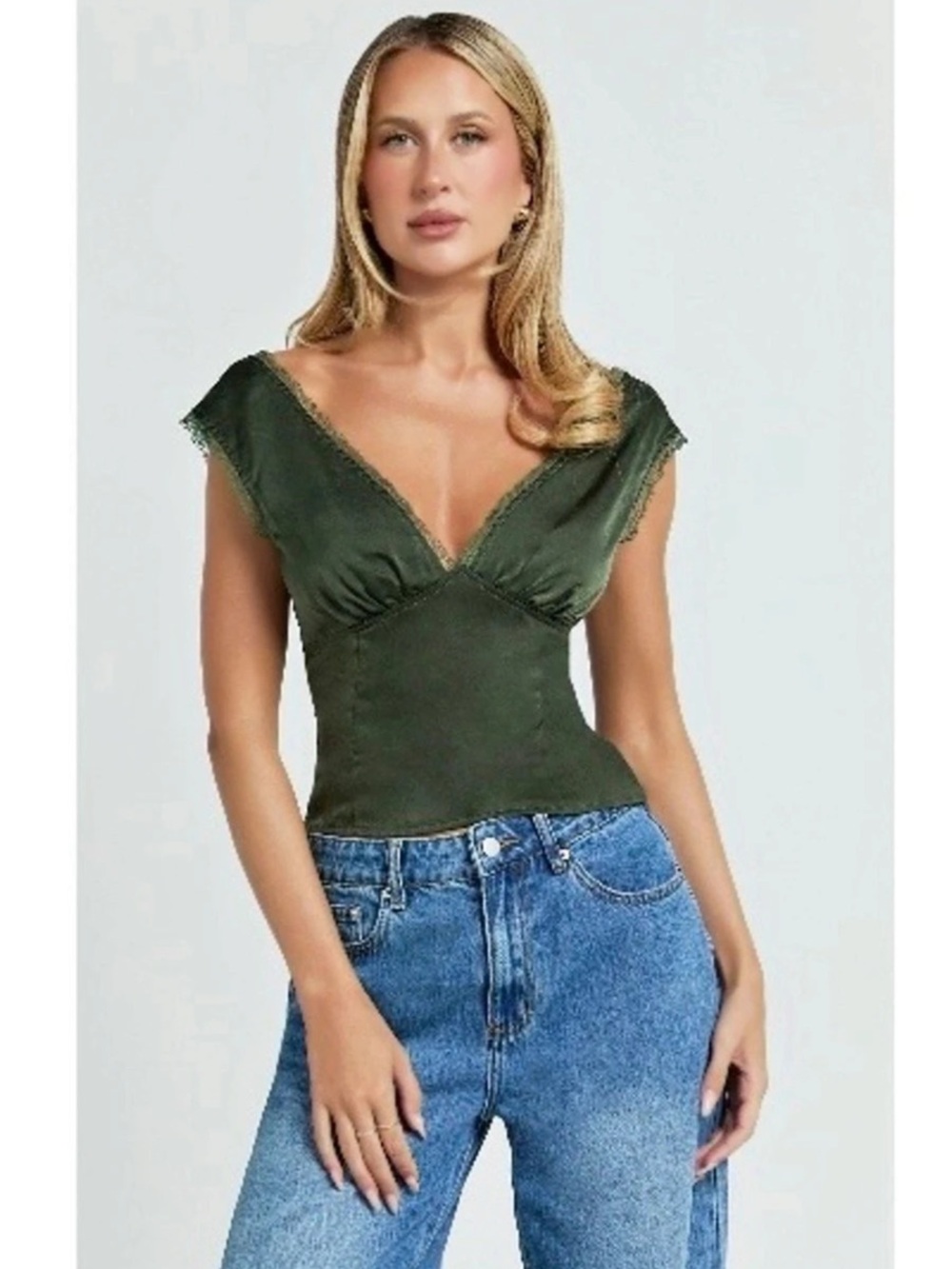 Showpo Green Lace Trim V-Neck Top